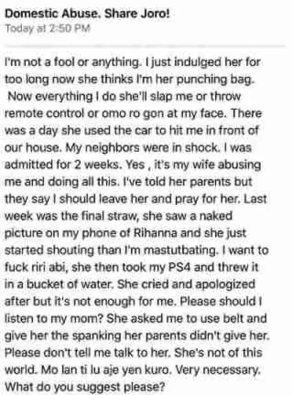 My Wife Thinks I’m Her Punching Bag, She Slaps And Abuses Me All The Time – Frustrated Man Cries Out